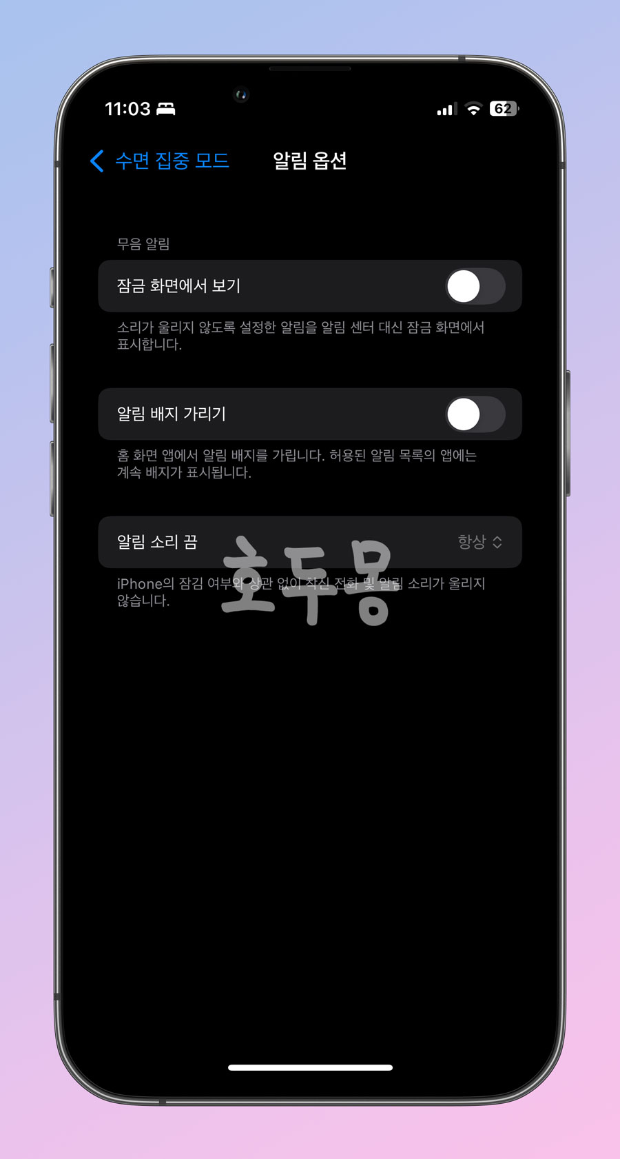 수면 집중 모드 알림 옵션