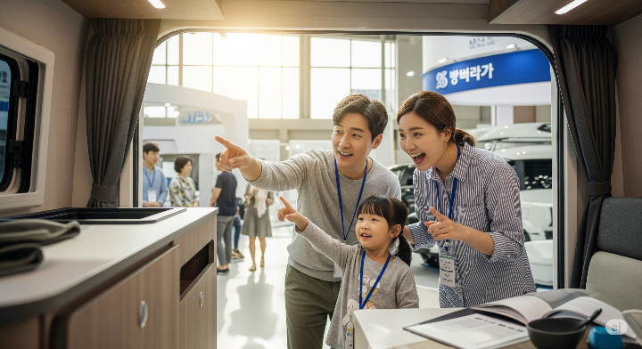 캠핑 박람회장에서 최신 캠핑카를 구경하며 즐거워하는 가족