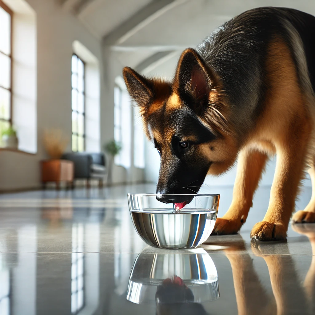 투명한 유리 그릇으로 물을 마시는 저먼 셰퍼드, 모던한 실내 배경