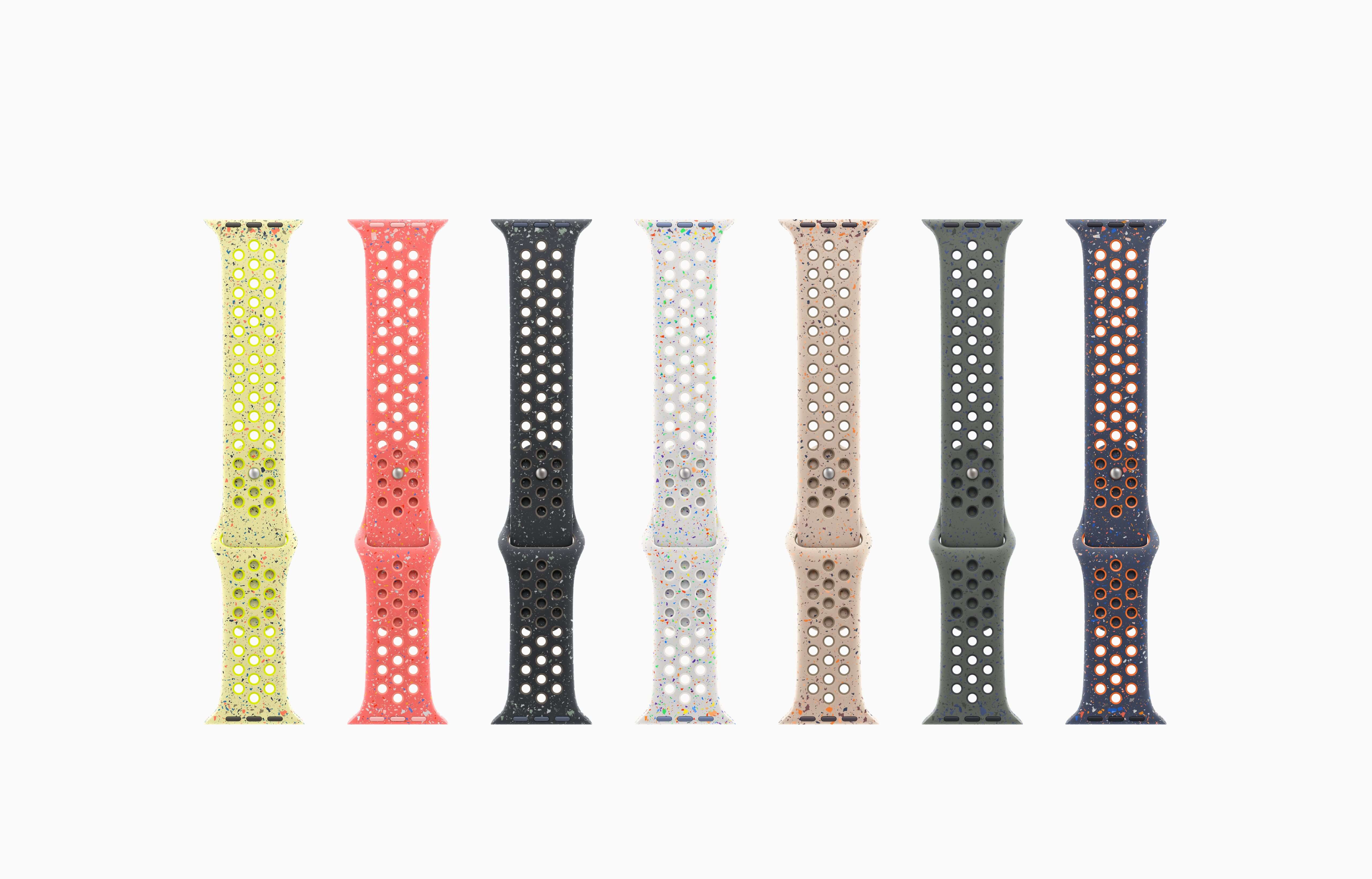 Nike 스포츠 밴드의 다양한 색상 옵션. 다공성 디자인으로 통기성을 높였으며, 활동성과 편안함을 강조한 고무 소재로 제작되었습니다