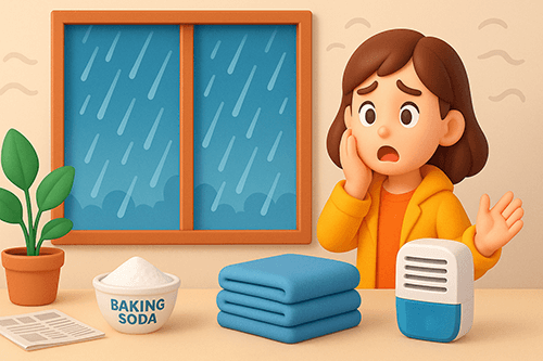 장마철 습기 관리를 고민하는 여자의 모습