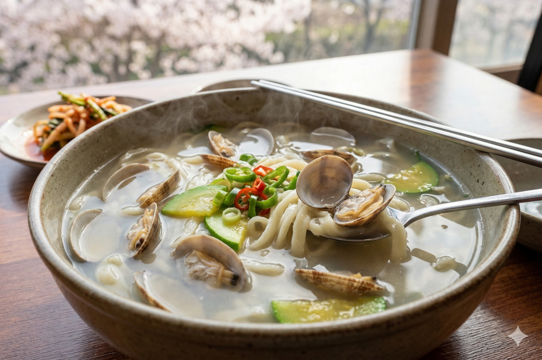봄 바지락 칼국수 국물 사진