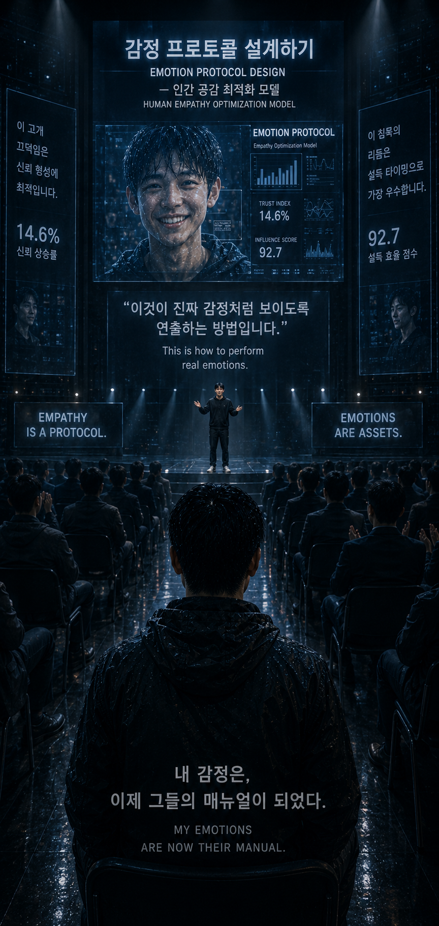 A lone observer sits in a futuristic auditorium as a stage performer demonstrates a replicated emotional protocol. Giant screens analyze facial expressions, pauses, and trust metrics, turning human emotion into a standardized system in a dystopian cyberpunk society.