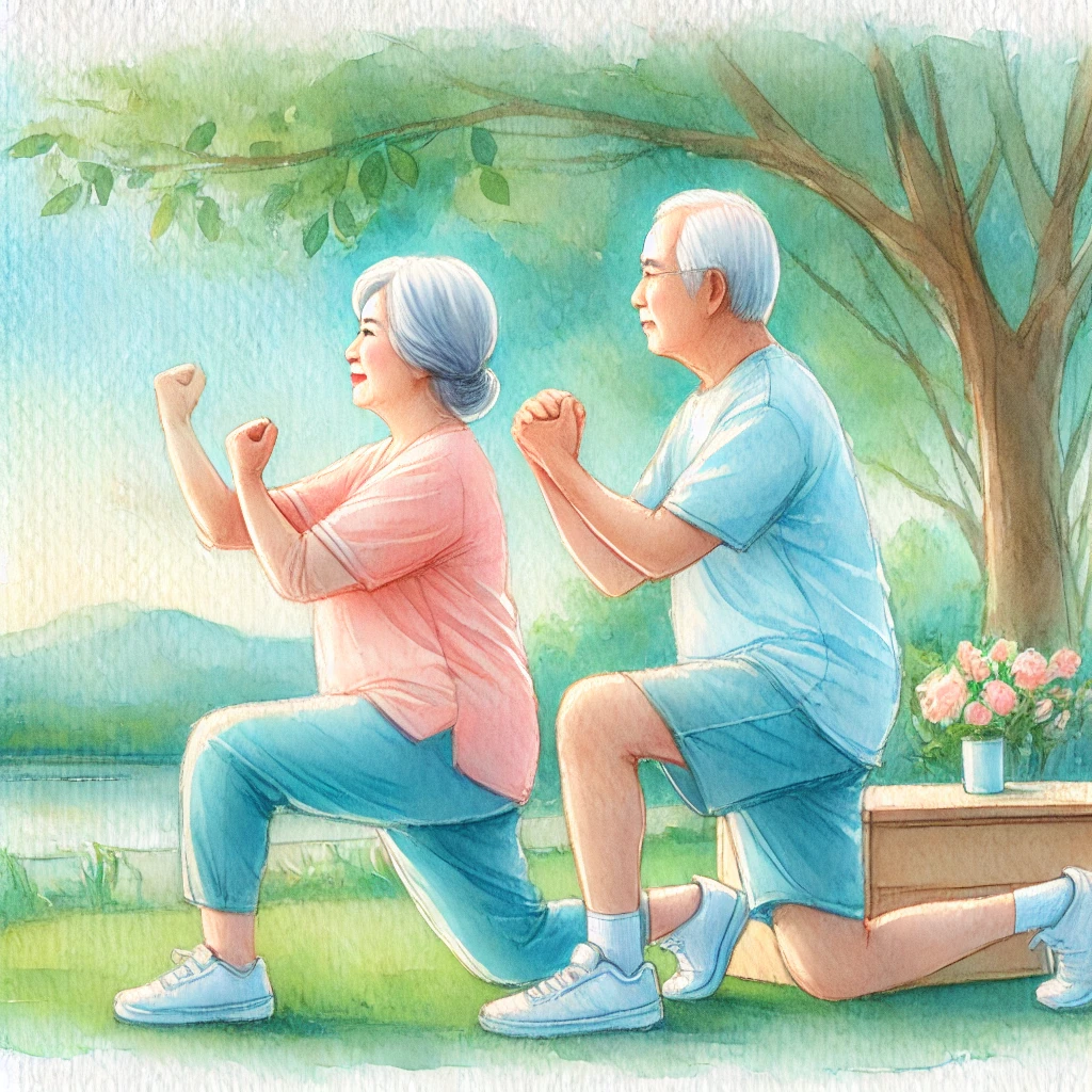 뼈 건강을 위해 운동하는 노년의 부부