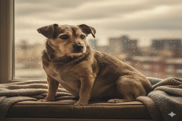 창가에 앉아 힘없이 축 늘어져 있고 배가 조금 불러 있는 듯한 노령견의 지친 모습입니다. 눈빛에서 슬픔과 피로감이 느껴집니다.