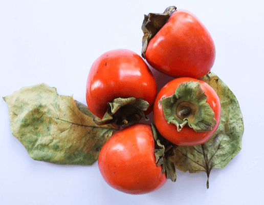 잘 익은 홍시 4개가 모여있고 마른 감잎들이 바닥에 깔려있다. 홍시의 표면은 매끄럽고 탐스럽게 생겼다.