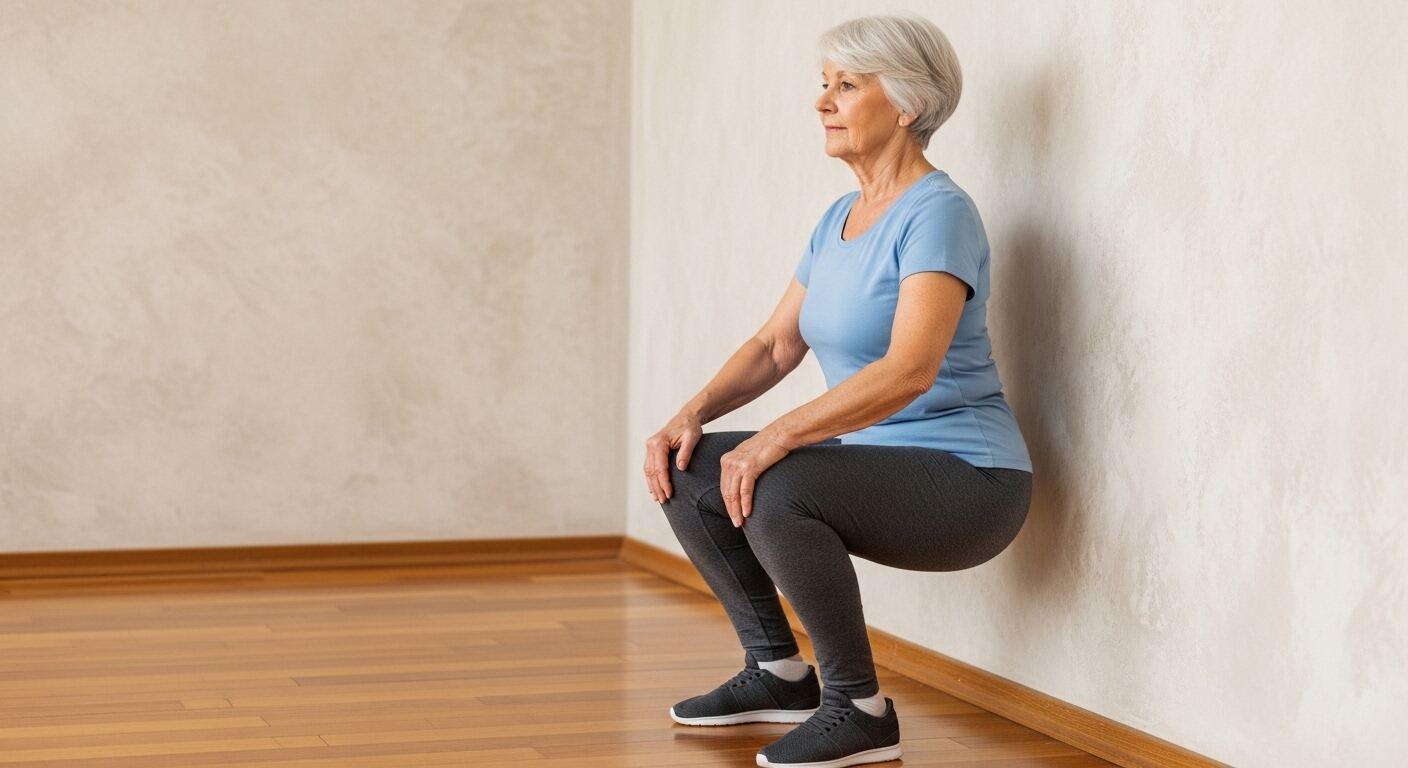 시니어가 벽에 등을 기대고 천천히 앉는 자세 벽 스쿼트 시니어