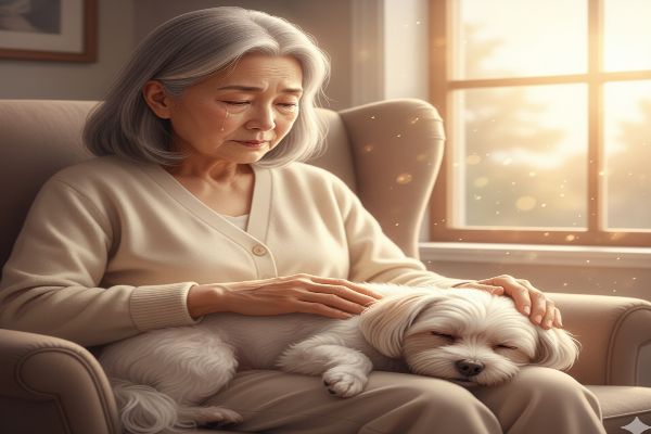 석양빛 창가 옆에 앉아 강아지와 함께하는 보호자의 모습. 보호자가 강아지의 발을 부드럽게 잡고 있고, 강아지는 옆으로 누워 편안히 눈을 감고 있습니다