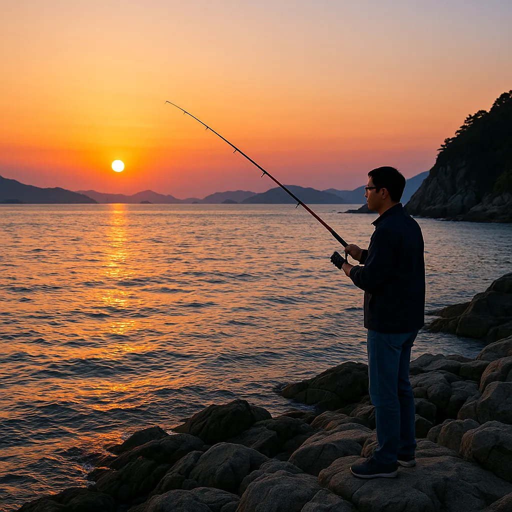 해질 무렵 남해 갯바위에서 낚시하는 모습