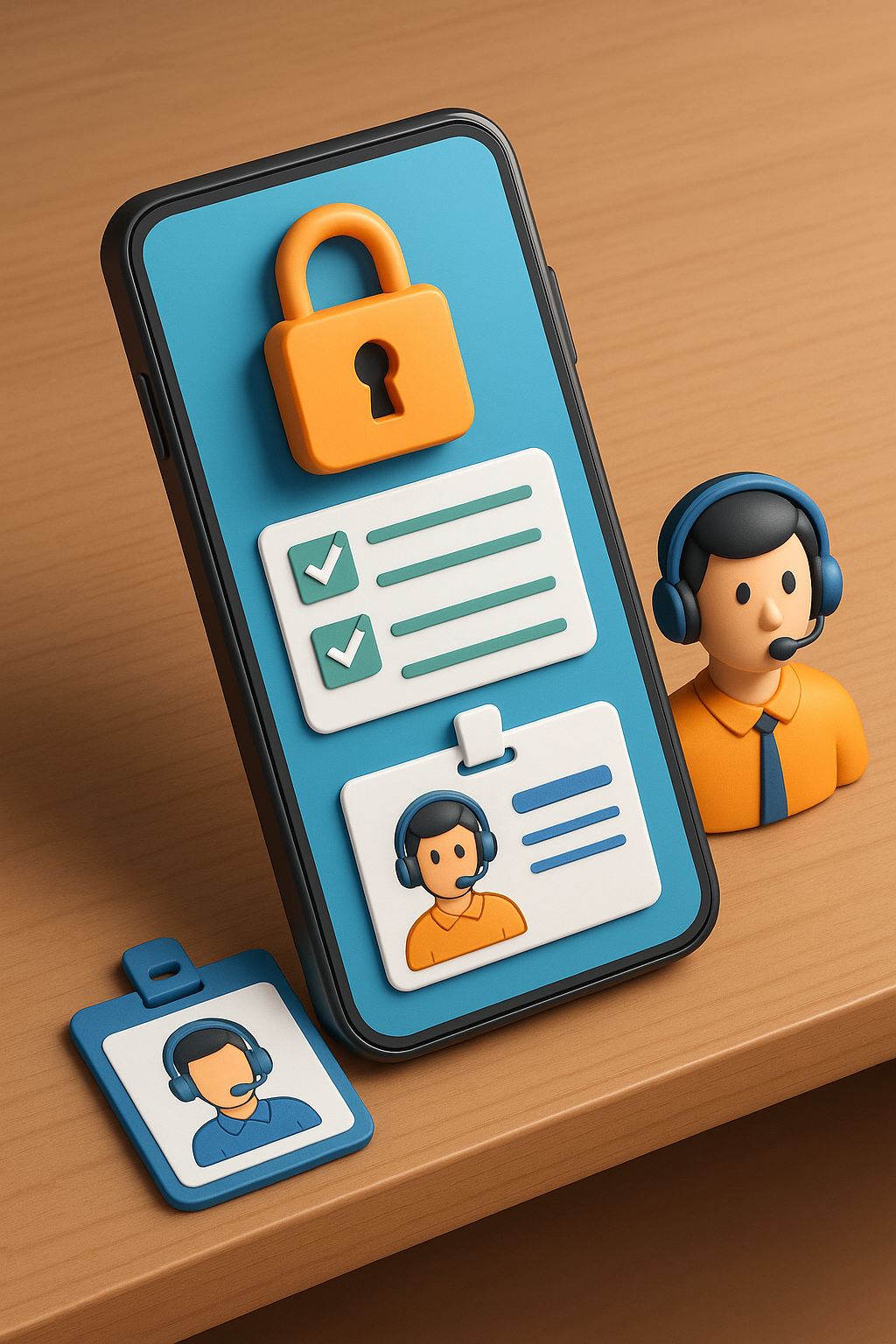 3D 렌더링된 이미지로 나무 책상 위에 스마트폰이 놓여 있고 화면에는 체크리스트&amp;#44; 잠금 해제 아이콘&amp;#44; 고객지원 담당자 ID 카드와 일러스트가 표현되어 있어 모바일 잠금 해제 서비스를 나타냄.