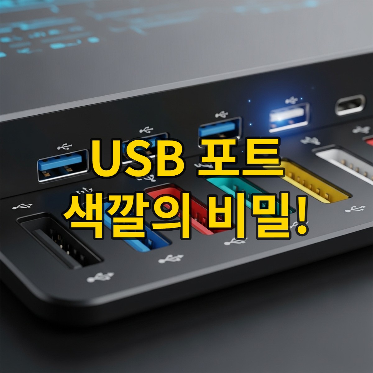 다양한 색상의 USB-A 포트가 나란히 배열된 모습. 검정, 파랑, 틸, 빨강, 노랑, 하양 포트의 플라스틱 삽입부가 선명하게 보여 기능적 차이를 암시한다.