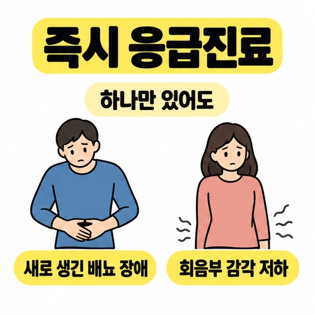 즉시 응급진료 제목 아래 새로 생긴 배뇨 장애와 회음부 감각 저하를 각각 표현하고 하나만 있어도 진료가 필요하다고 안내한 이미지