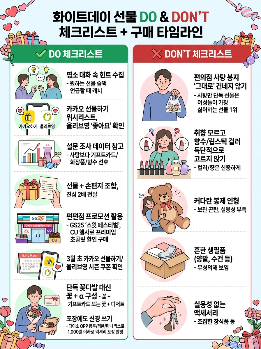 화이트데이 선물 DO 7가지(힌트 수집·설문 데이터 참고·손편지 조합·편의점 프로모션 활용·시즌 쿠폰·꽃+α 세트·다이소 포장) & DON'T 5가지(사탕 단독·취향 무시·반지 사이즈 미확인·당일 구매·고가=감동 착각) 체크리스트와 3월 1일–14일 구매 타임라인을 정리한 인포그래픽