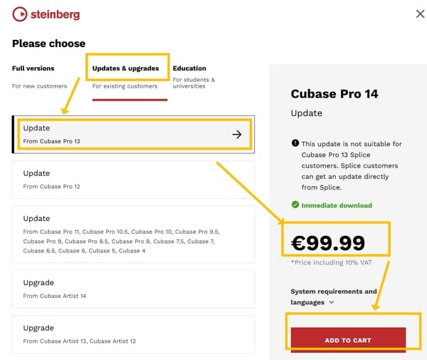 업그레이드 옵션에서 Cubase Pro 13에서 Pro 14로 업그레이드하는 옵션을 선택하고 장바구니에 추가