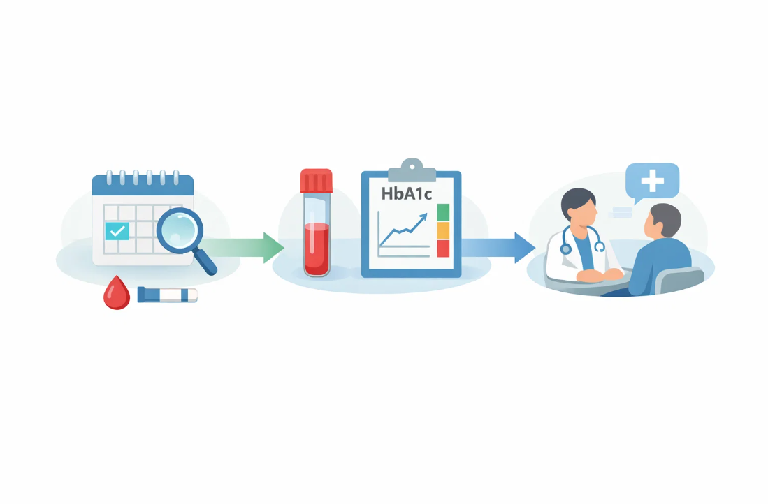 의료 시스템 내에서 당화혈색소 검사 결과를 바탕으로 추적검사 일정과 전문의 상담으로 이어지는 당뇨 관리 흐름도