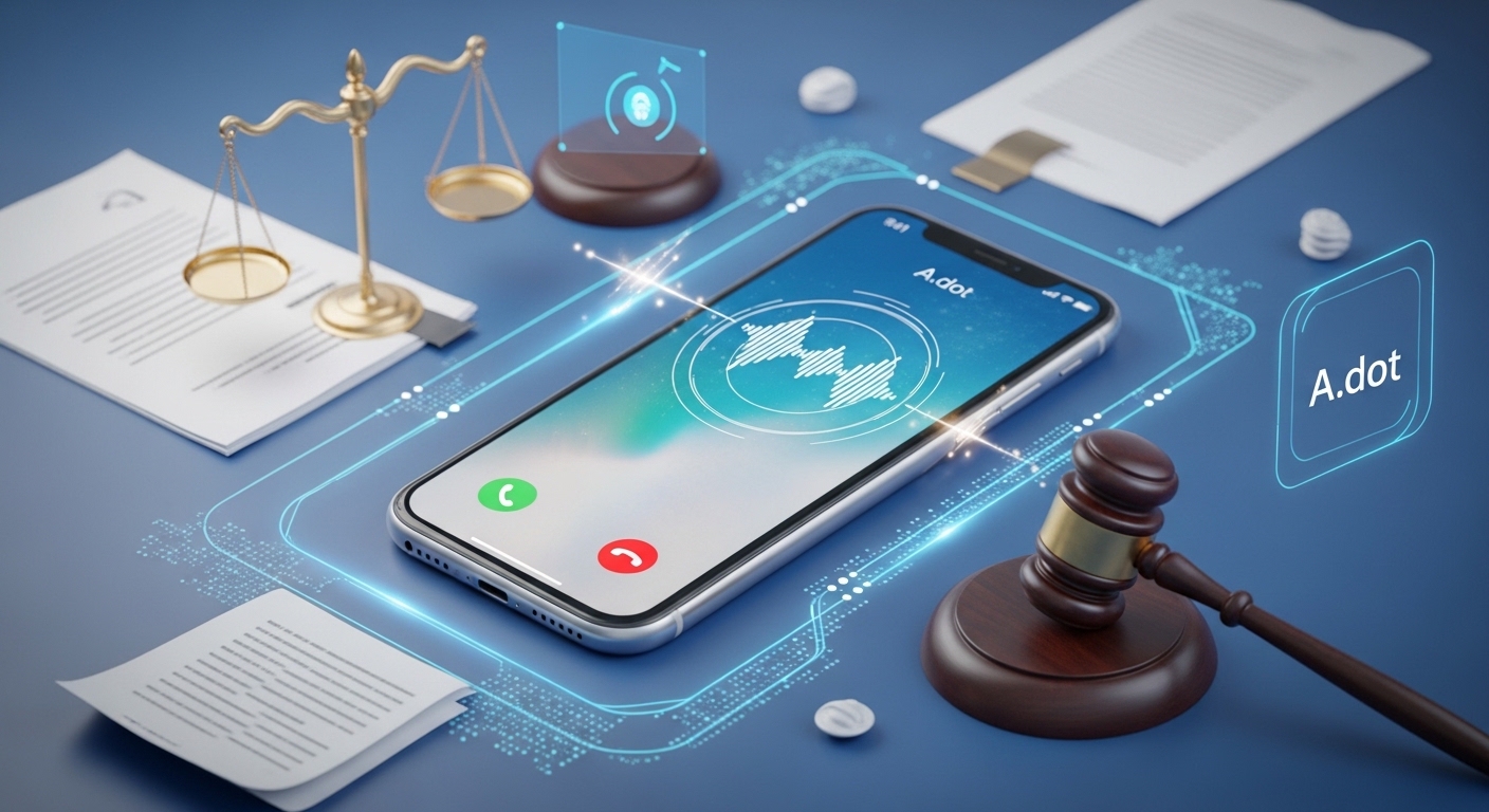 통화 녹음 버튼이 활성화된 아이폰 화면과 법적 증거를 상징하는 요소들이 어우러진 이미지. 아이폰 통화 녹음 설정 방법과 법적 효력을 나타냄.