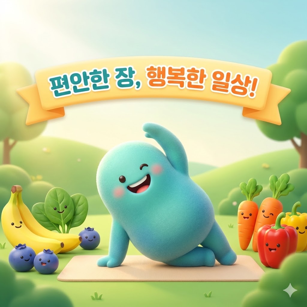 편안한 표정의 귀여운 캐릭터가 건강한 음식과 함께 휴식을 취하며 과민성 대장증후군을 극복하는 모습을 담은 3D 카툰 일러스트, 장 건강 개선.