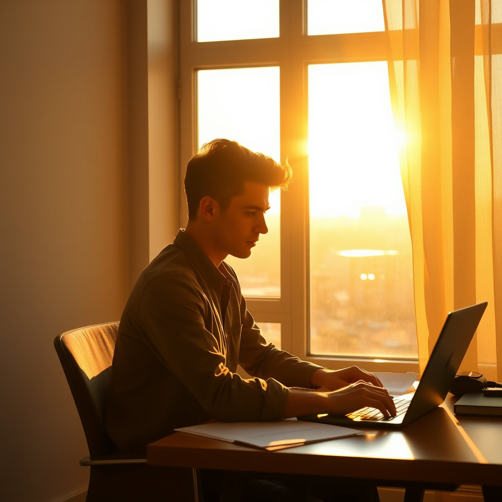 황금빛 햇살이 쏟아지는 창가에서 집중해서 작업하는 사람의 모습