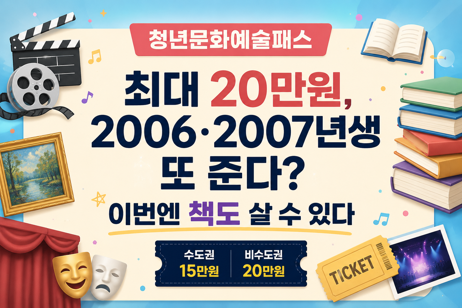 청년문화예술패스 추가 발급 2006년생 2007년생 수도권 15만원 비수도권 20만원 도서 구매 지원