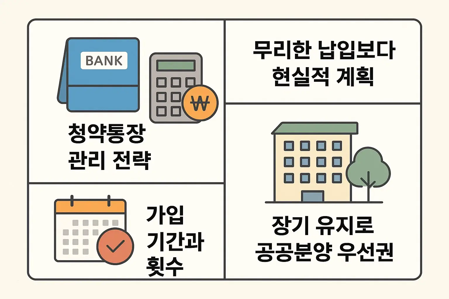 청약통장 장기 유지, 납입횟수 관리, 무리 없는 납입계획으로 당첨 확률을 높이는 실전 관리전략 인포그래픽