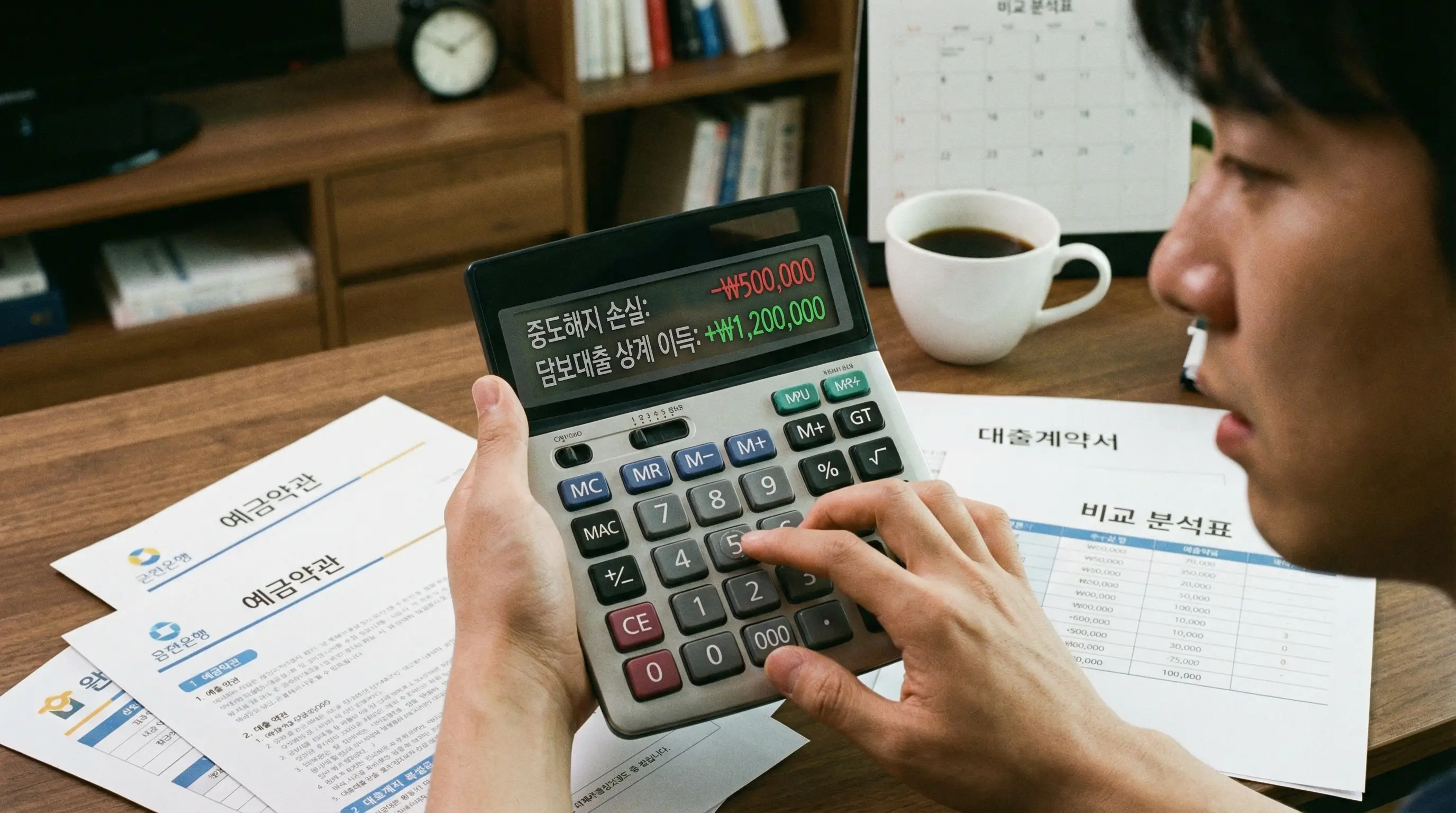 예금 중도해지로 인한 이자 손실과 예금담보대출 상계 처리 시의 이득을 비교하는 계산기를 두드리는 모습