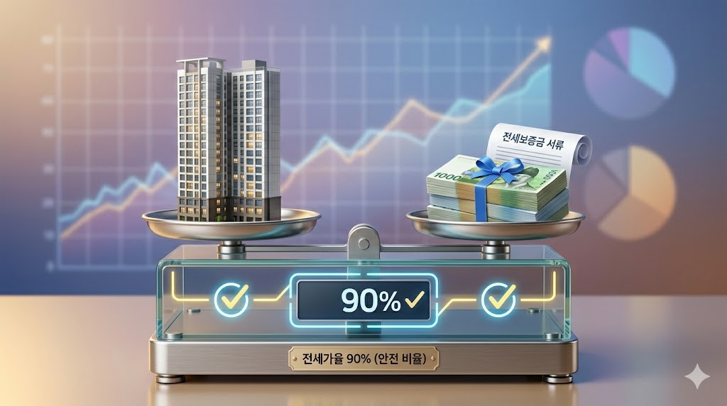 정밀한 디지털 저울의 한쪽 접시에는 세련된 현대식 아파트 미니어처가 놓여 있고, 다른 쪽 접시에는 안전하게 묶인 지폐 뭉치와 보증금 서류가 놓여 완벽한 균형을 이루고 있는 모습. 배경에는 연한 격자무늬의 분석 그래프가 흐릿하게 보인다.