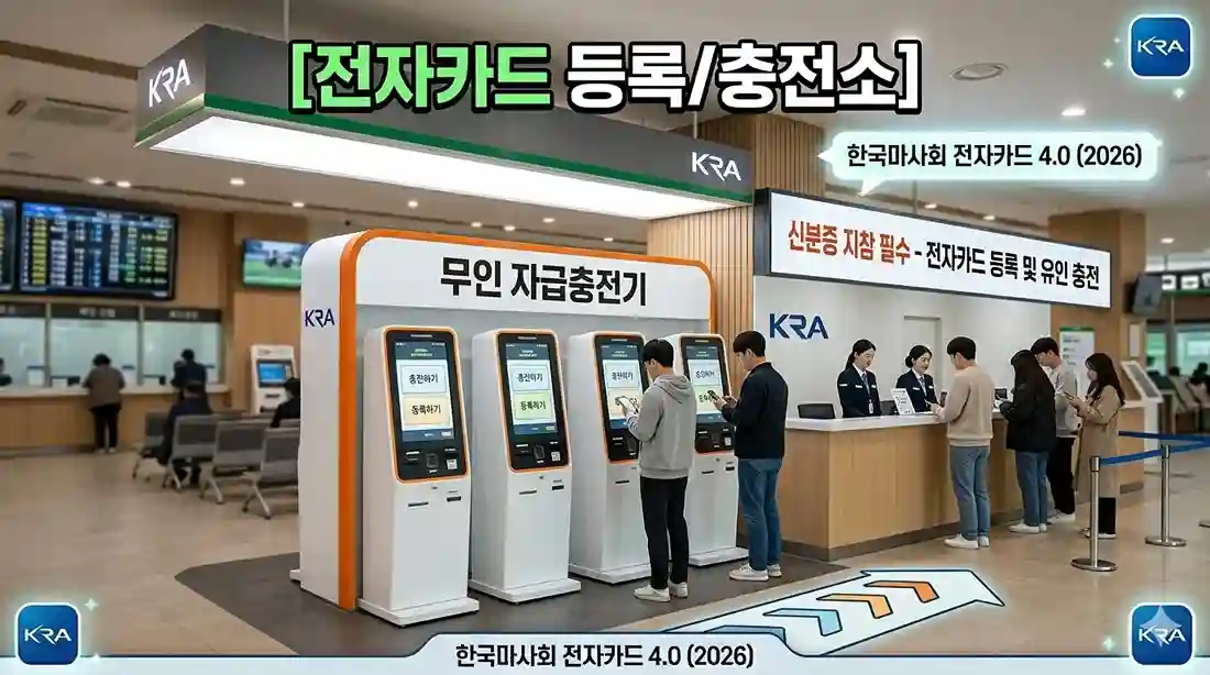 렛츠런파크 객장 내에 위치한 한국마사회 전자카드 유인 등록 창구와 무인 자급충전기 키오스크 전경으로, 초보 방문객이 실물 신분증을 지참하고 마권 비용을 충전할 수 있는 현장 위치 안내 이미지