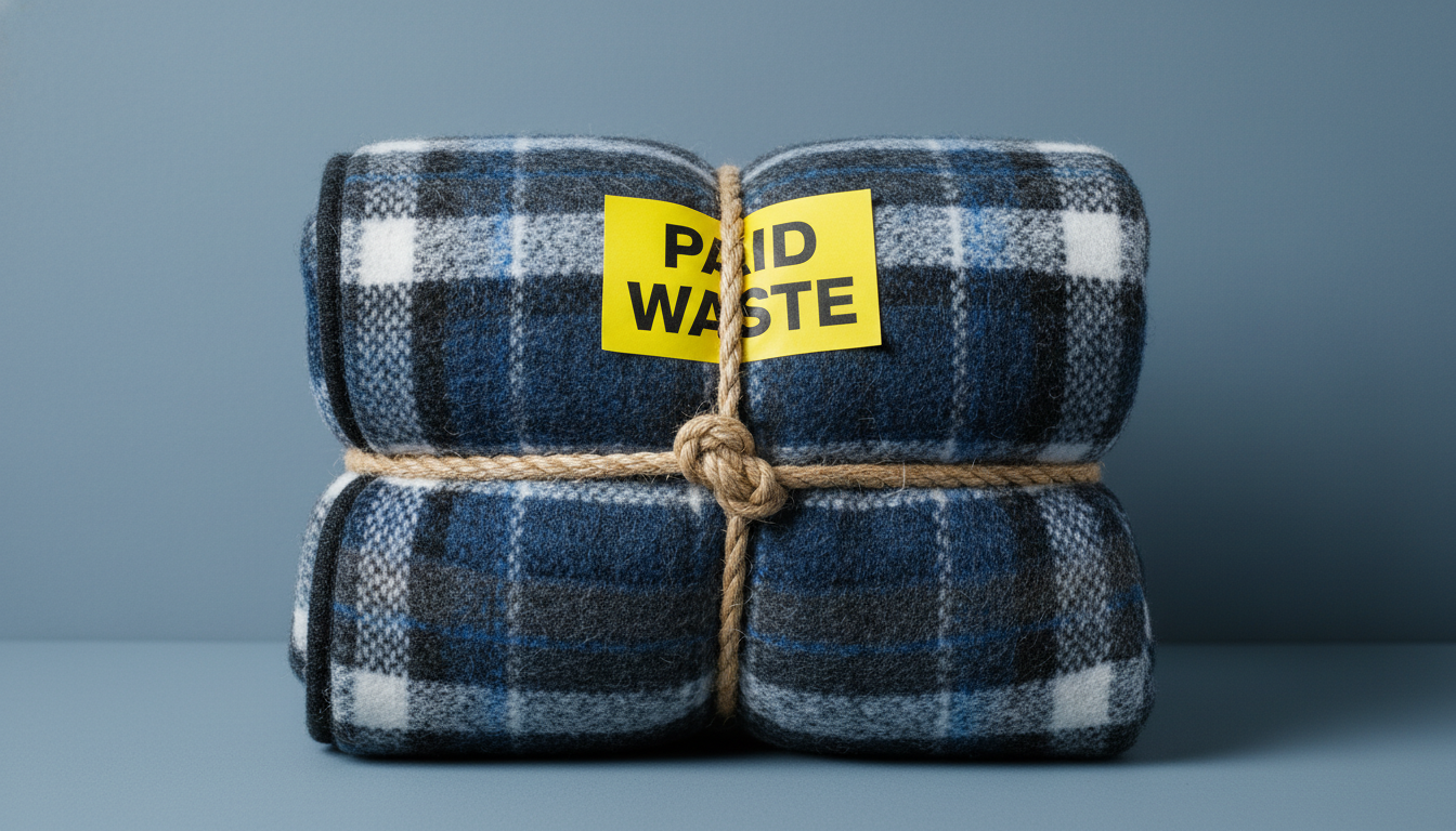 부피를 줄여 노끈으로 묶은 후 대형폐기물 배출 번호표를 부착한 이불 더미