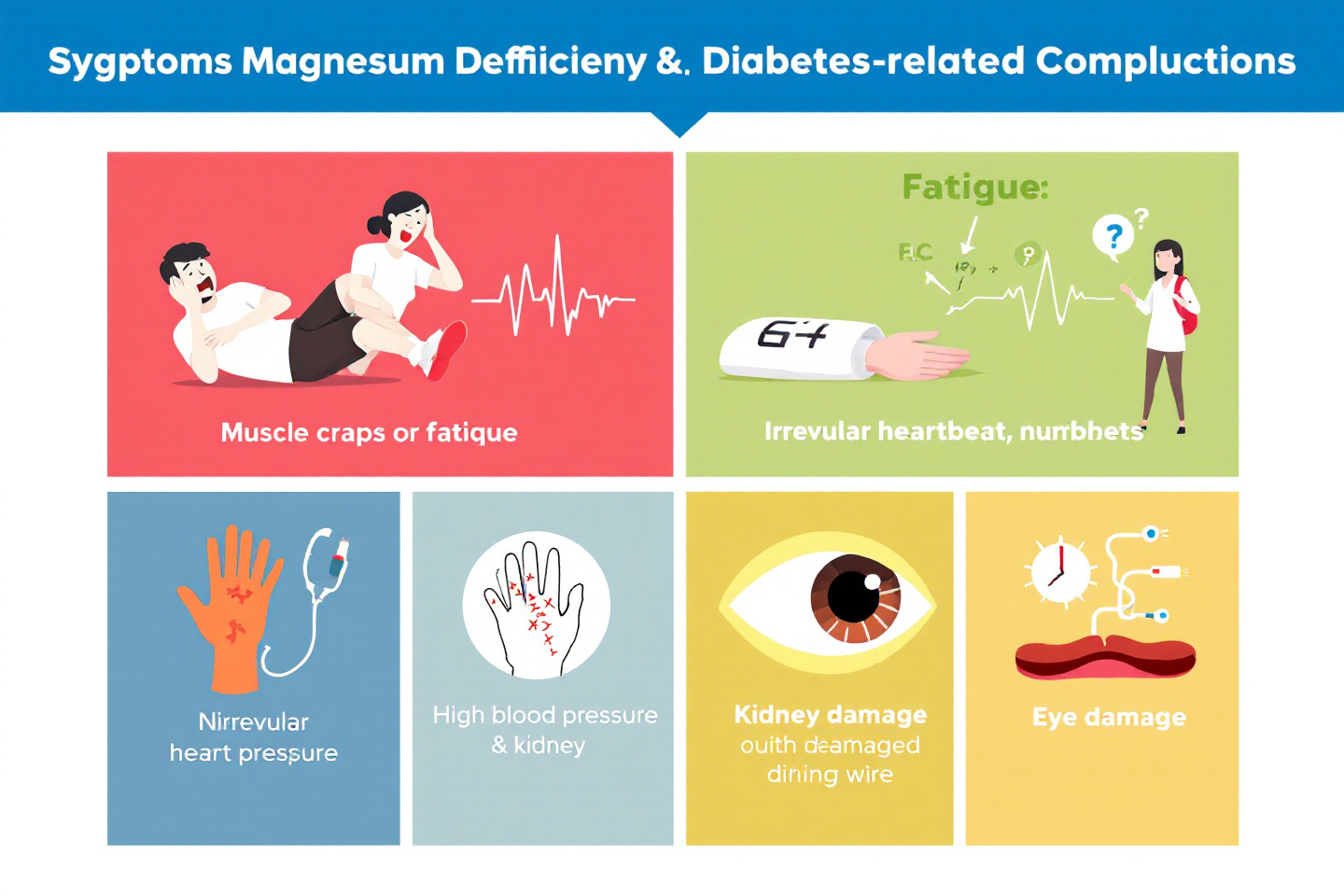 "마그네슘 결핍이 유발할 수 있는 증상과 당뇨 관련 합병증을 정리한 인포그래픽"