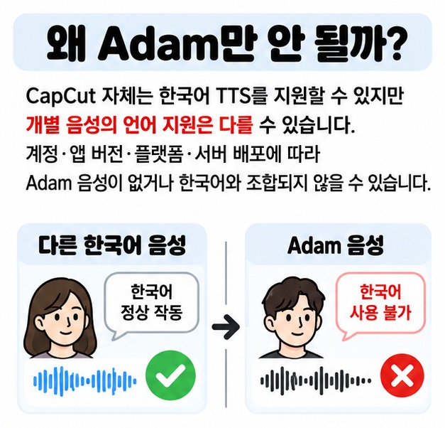 Adam이 목록에 없거나 한국어에서만 생성되지 않는 경우 음성별 지원 범위 계정 버전 서버 상태를 확인하는 카드