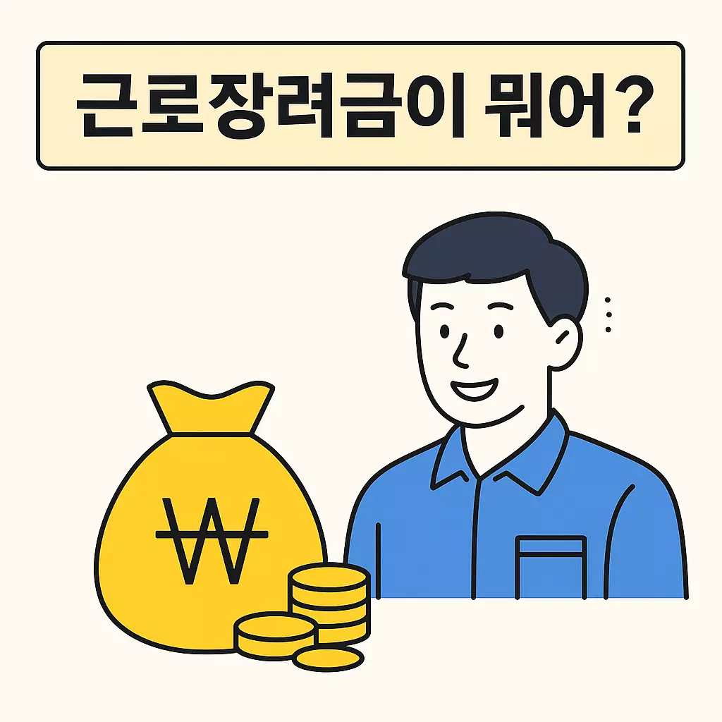 근로장려금이란 무엇인지 쉽게 설명한 인포그래픽. 일은 하지만 소득이 적은 저소득층을 위한 정부 지원금 제도임을 아이콘과 함께 강조. 돈자루와 일하는 사람 일러스트가 포함돼 있어 근로와 금전 지원을 직관적으로 보여줌.