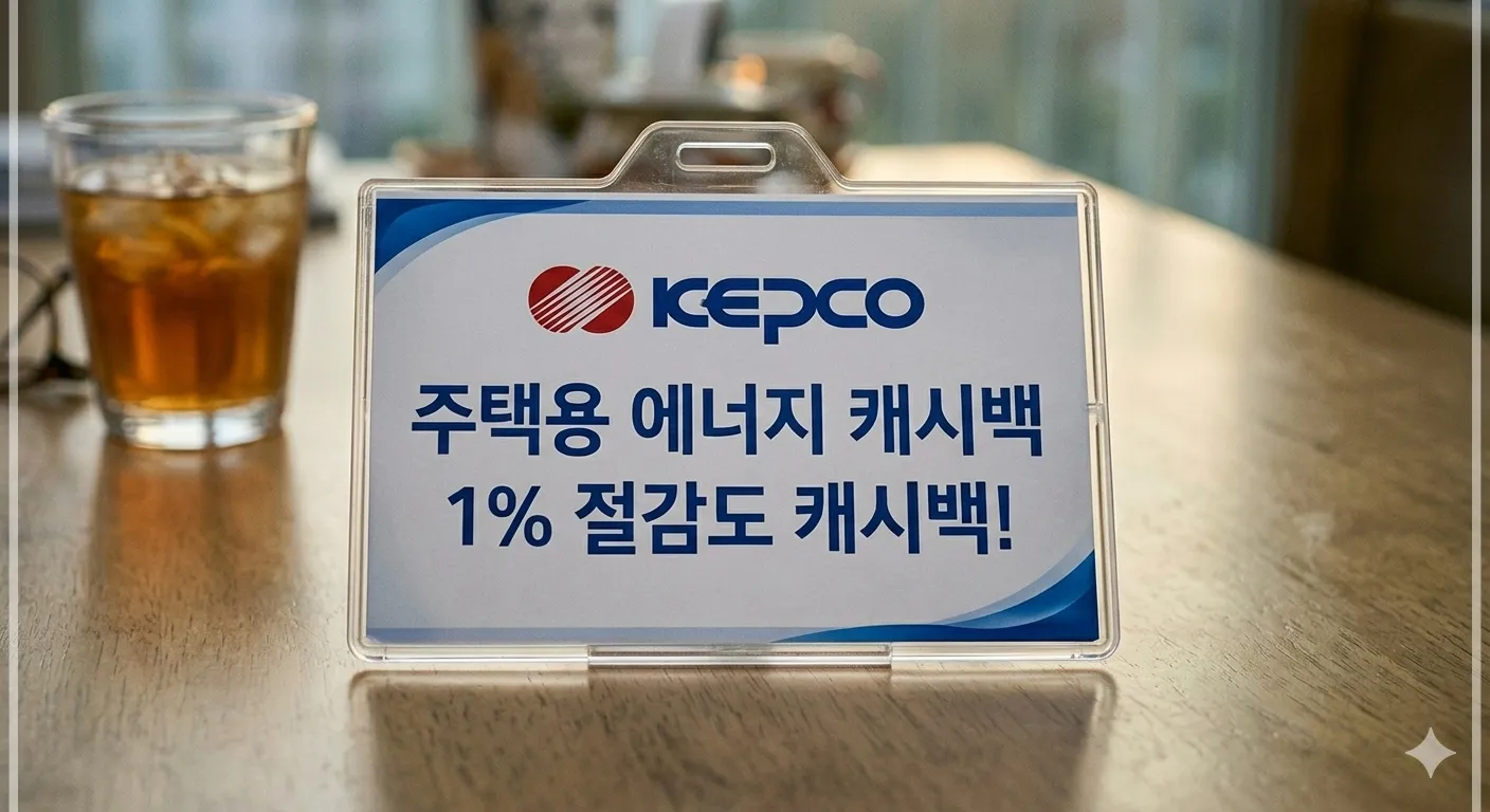 &ldquo;나무 식탁 위에 놓인 KEPCO 홍보 안내판. 안내판에는 &lsquo;주택용 에너지 캐시백 1% 절감도 캐시백!&rsquo;이라는 문구가 적혀 있다.