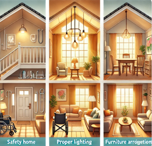 치매 환자를 위한 환경 조성:
안전한 집 (왼쪽)-미끄럼 방지 바닥, 손잡이 설치, 복도 및 방 구조 단순화 등으로 낙상 위험 최소화.
조명 (가운데)-그림자가 생기지 않도록 균일하고 따뜻한 조명 사용.
가구 배치 (오른쪽)-단순하고 넓게 배치된 가구 구조와 눈에 잘 띄는 라벨.
