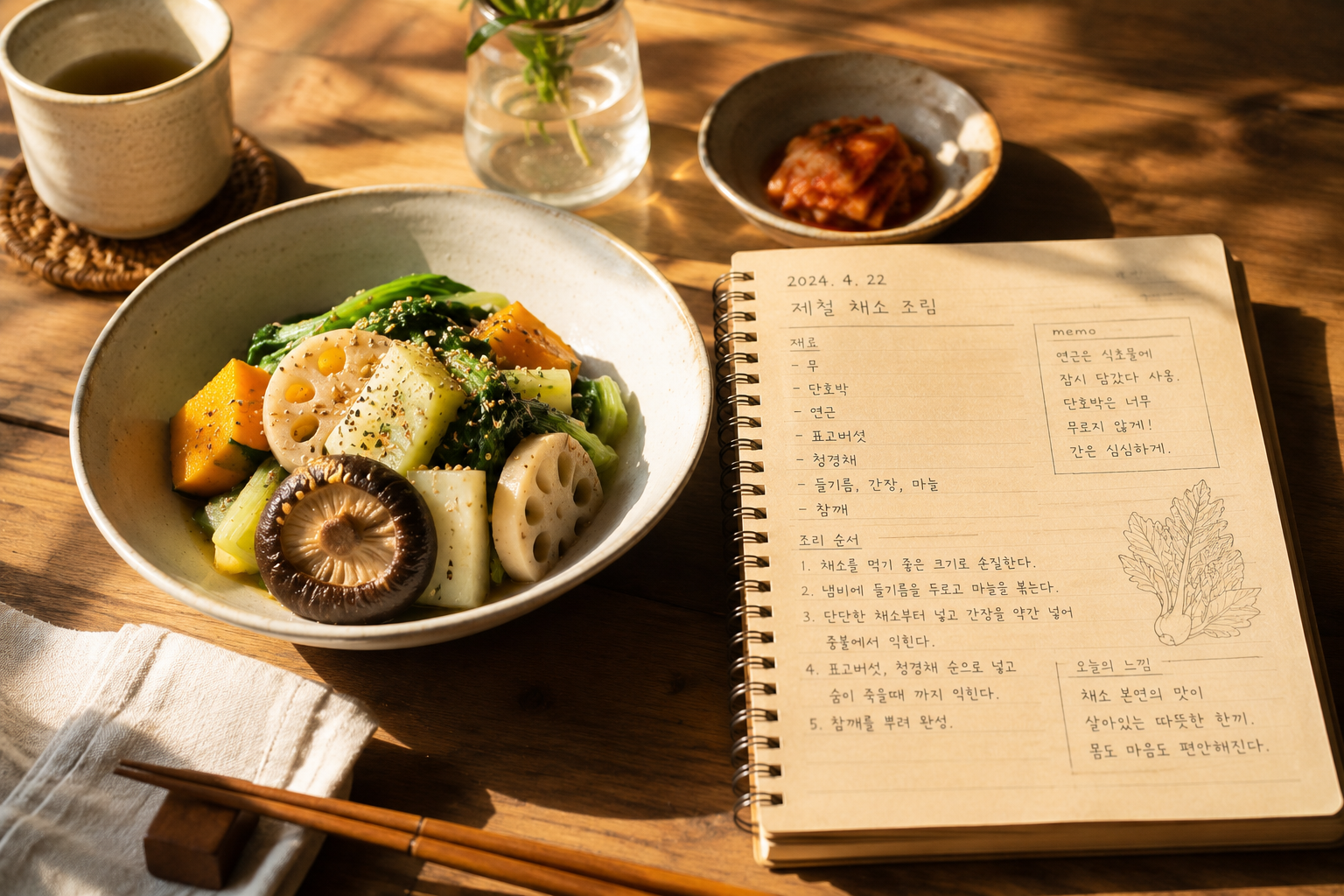 햇살이 따뜻하게 비치는 나무 테이블 위, 정갈하게 담긴 제철 채소 요리와 옆에 나란히 놓인 상세한 요리 기록 노트. 따뜻하고 평온한 오후의 집밥 식탁 모습