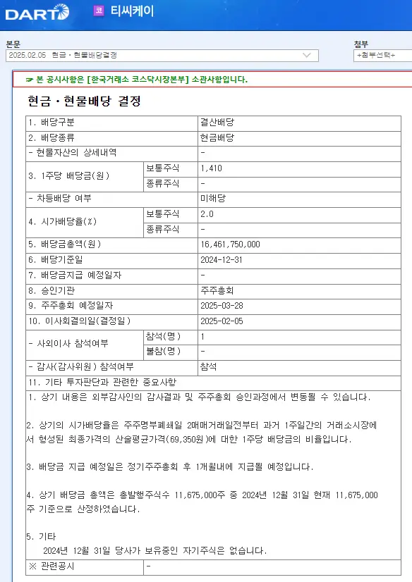 티씨케이(064760) 2025년 배당금 지급일