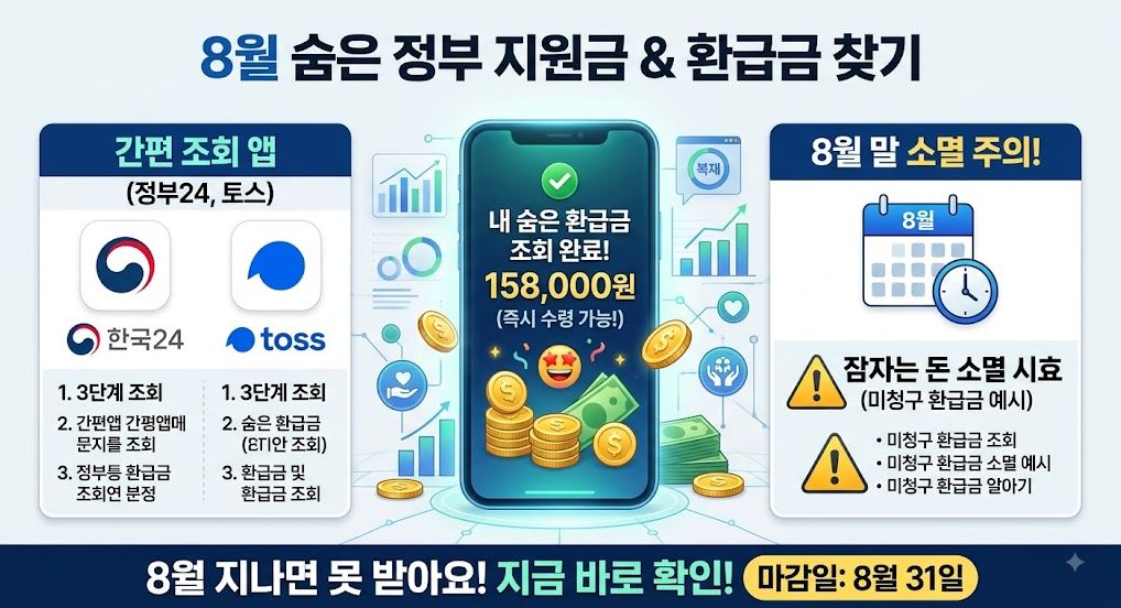 8월 소멸 예정인 숨은 정부 지원금과 환급금을 정부24 및 토스 앱으로 간편하게 조회하는 방법 안내 사진