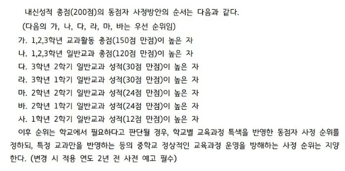 중학교 내신성적 동점자 방안 우선수위 설명
