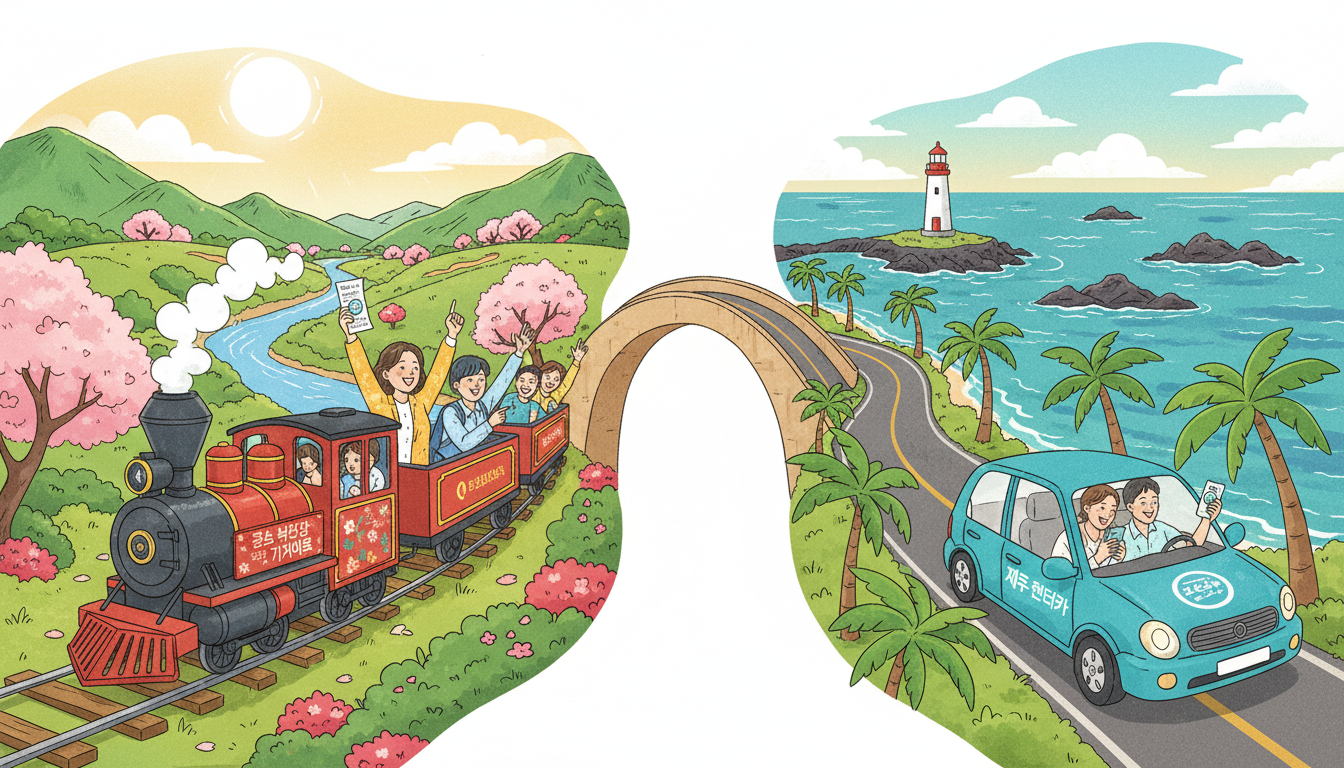 곡성 기차마을과 제주 해안도로를 배경으로 사람들이 즐겁게 여행하며 캐시백 혜택을 확인하는 모습. 한국 국내 여행 혜택을 상징하는 밝고 활기찬 이미지.