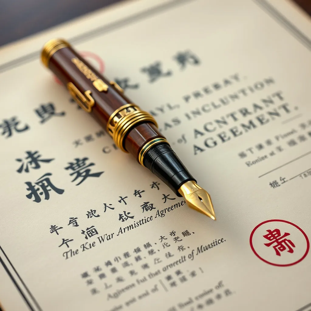 세계 평화 조약이나 중요한 협정문 위에 놓인 오래된 만년필을 통해, 그 만년필이 목격하고 함께 만들어간 역사적 순간의 무게감과 가치를 전달합니다. (예: 한국전쟁 휴전 협정 또는 기타 국제 조약)