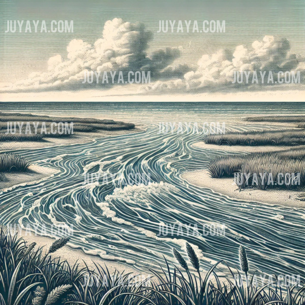 강물이 바다로 흘러드는 하구의 풍경&amp;#44; 미묘하게 섞이는 물결과 주변의 초지가 어우러진 자연의 조화로운 모습