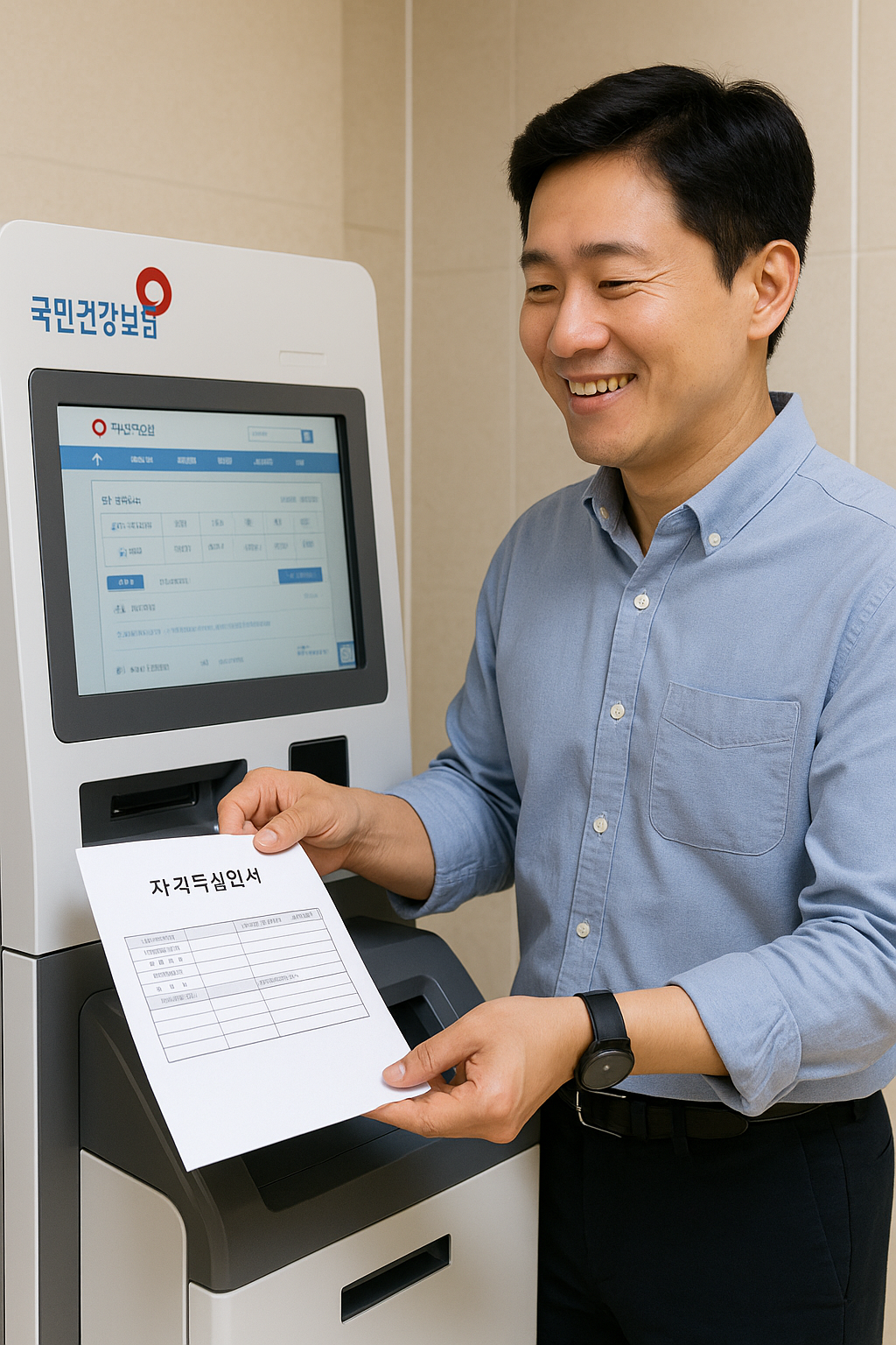 무인발급기에서 자격득실확인서를 출력 중인 직장인의 모습