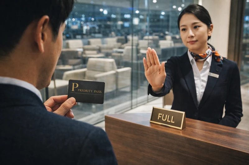 공항 라운지 입구에서 남성 여행자가 Priority Pass 카드를 들고 서 있고, 여성 직원이 입장 불가 손짓을 하는 모습. 데스크 위에는 FULL 표지판이 놓여 있으며, 유리 너머로 빈 좌석이 보여 라운지 입장이 거절된 상황을 강조한다.