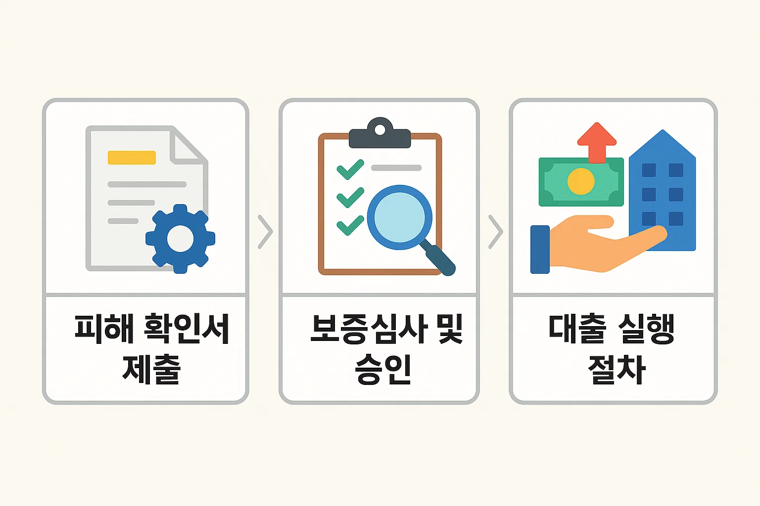 피해 확인서 제출, 보증심사 및 승인, 대출 실행 절차까지 전세사기 피해자 보증보험 신청 과정을 단계별로 시각화한 인포그래픽입니다.