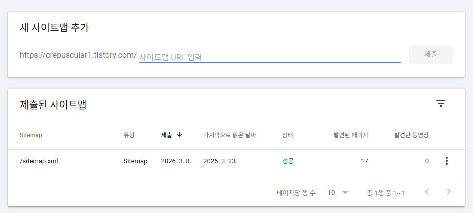 구글 애널리틱스, 서치콘솔 플러그인 연결 뒤 구글 서치콘솔에서 사이트맵 제출