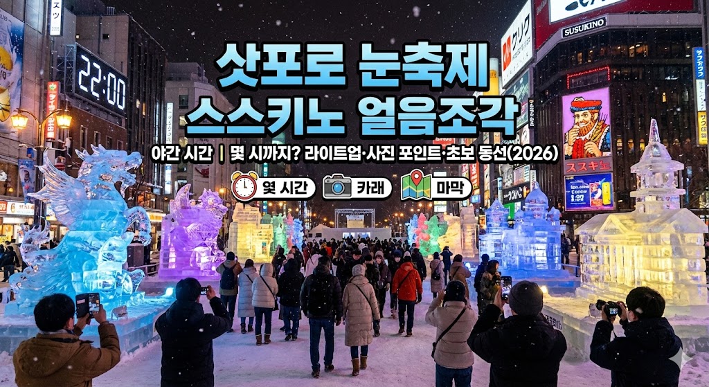 삿포로 눈축제 스스키노 얼음조각 야간 시간｜몇 시까지? 라이트업&middot;사진 포인트&middot;초보 동선(2026)