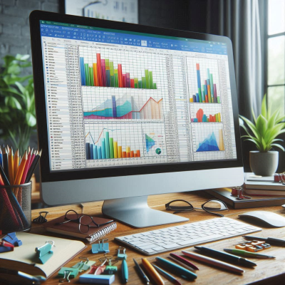 복잡한 데이터 차트와 그래프가 표시된 화면에서 작업을 진행하는 모습입니다.