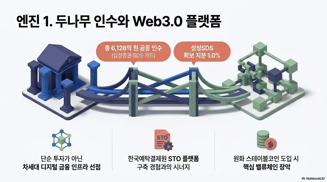 삼성SDS 주가전망: 삼성SDS가 삼성증권·카드와 함께 두나무 지분 4%를 6,128억원에 공동 인수하고 1.0%를 확보해 Web3.0 플랫폼으로 확장하는 구조를 다리 형태로 표현한 이미지. 디지털 금융 인프라 선점 전략을 시각적으로 전달하며, 블로그의 삼성SDS 주가 전망 주제를 설명함