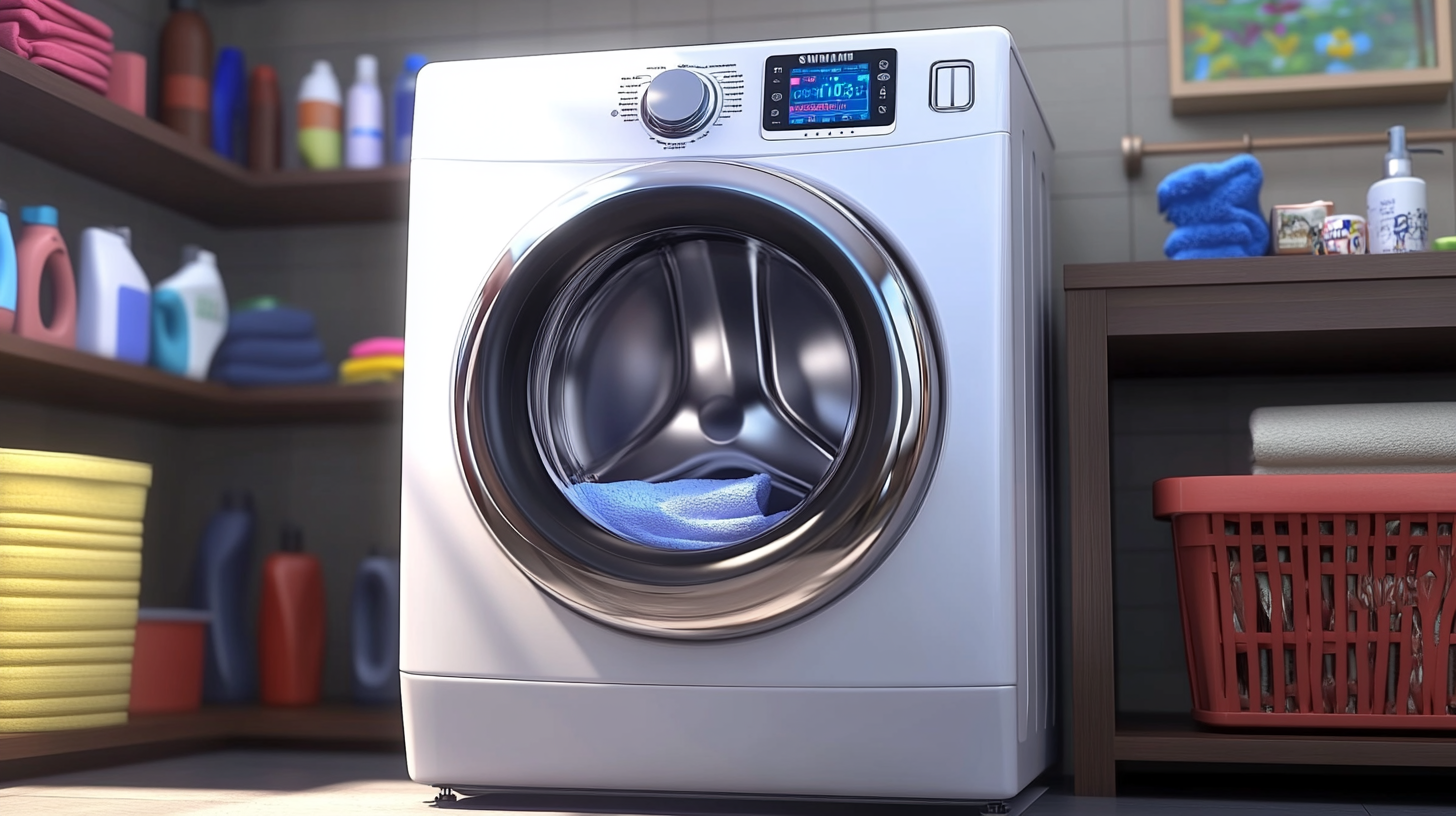 세련된 디지털 디스플레이와 현대적인 세탁실에 놓인 미래형 삼성 세탁기 WW10TP34DSG9S의 매력적인 디자인