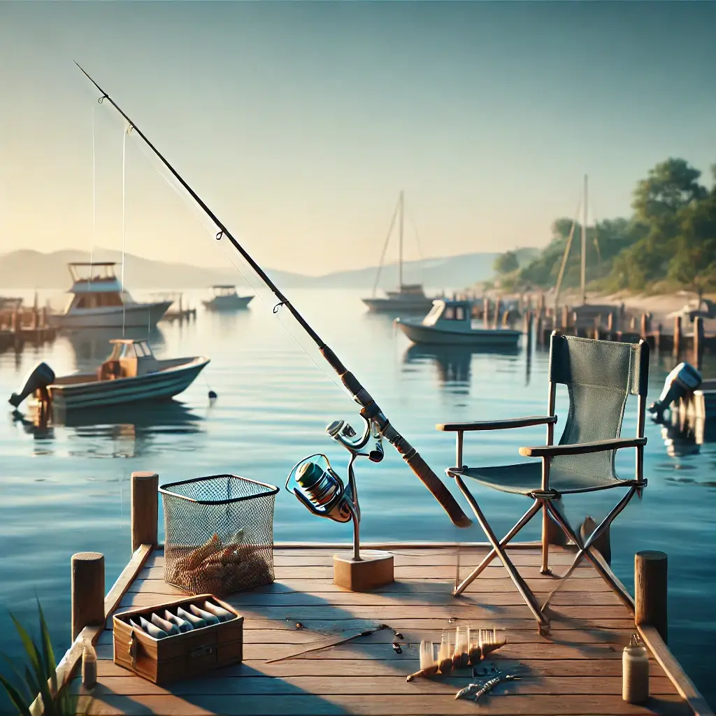 바닷가 항구에 낚싯대와 의자가 놓인 모습.