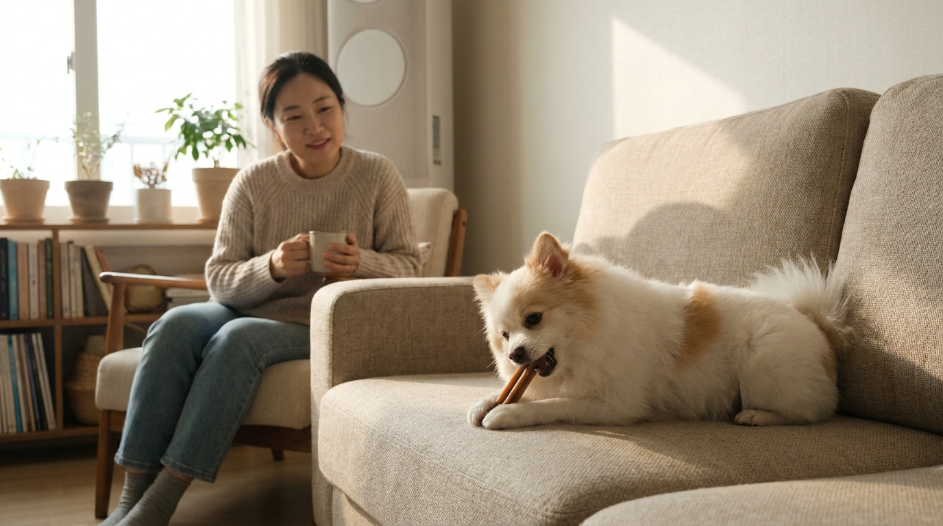 소파에서 껌 씹는 하얀 강아지